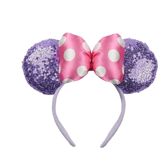3D Sequin Mouse Ear Headband, Satin Bow Hairband with Polka Dots, Hair Bow Velve - Picture 1 of 7